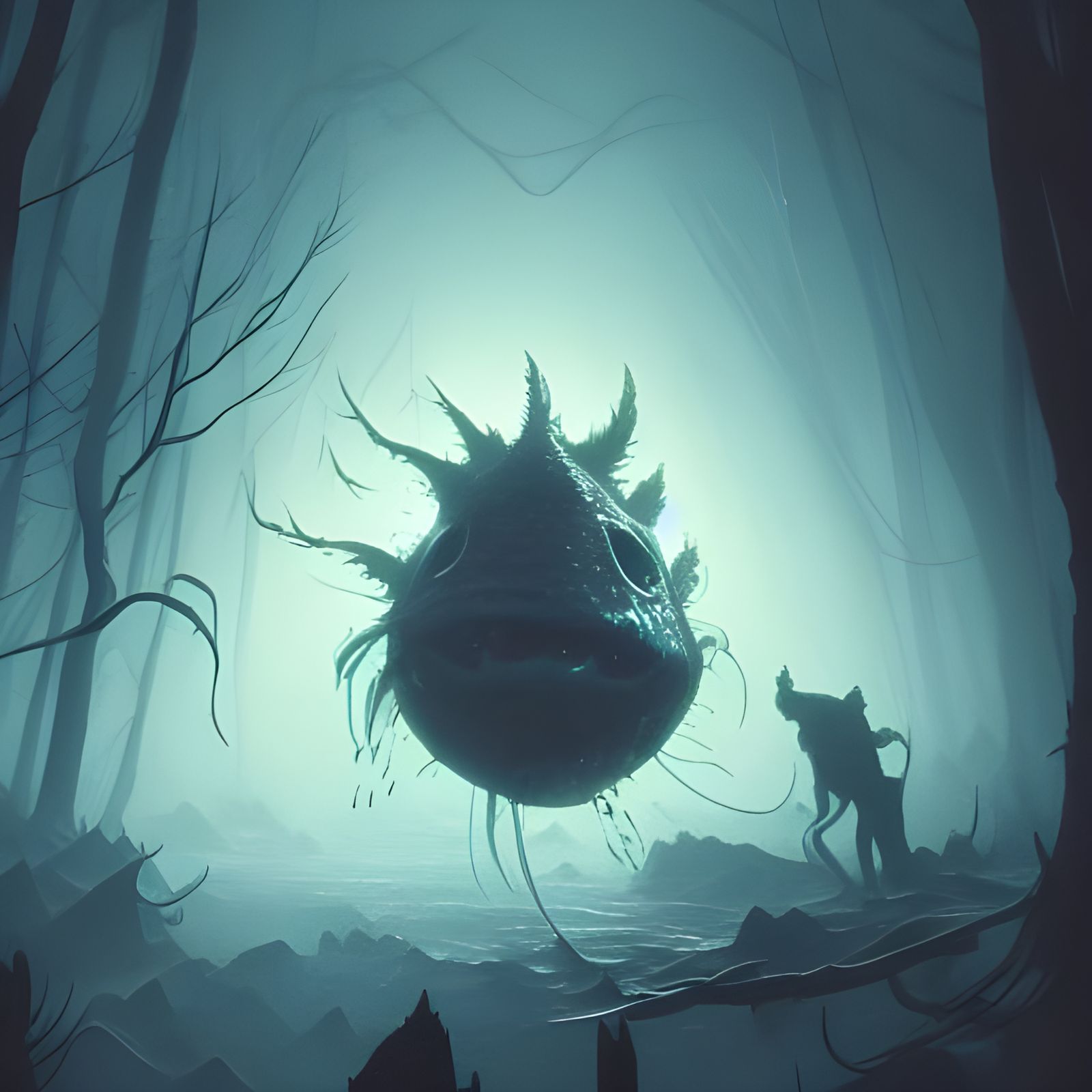 Bioluminescent Angler Fish in Dark Forest, Fantasy Art
