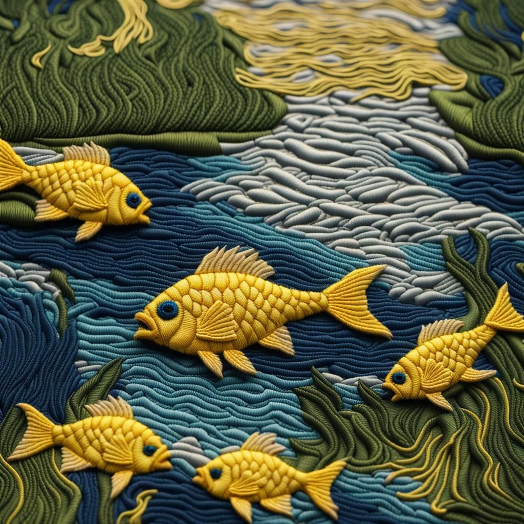 Detailed 3D Embroidery of Fish in River