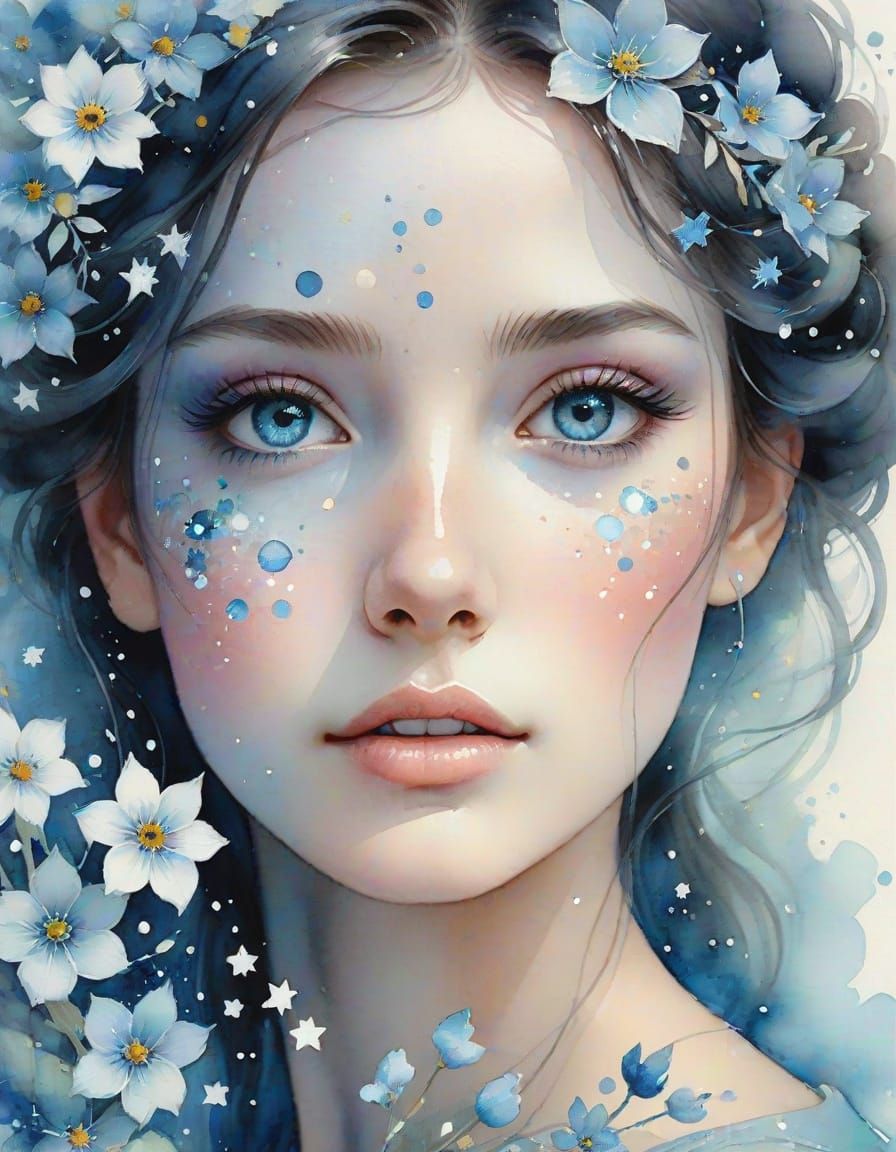 Dreamy Watercolor Portrait in Icy Blue Monochromatic Style