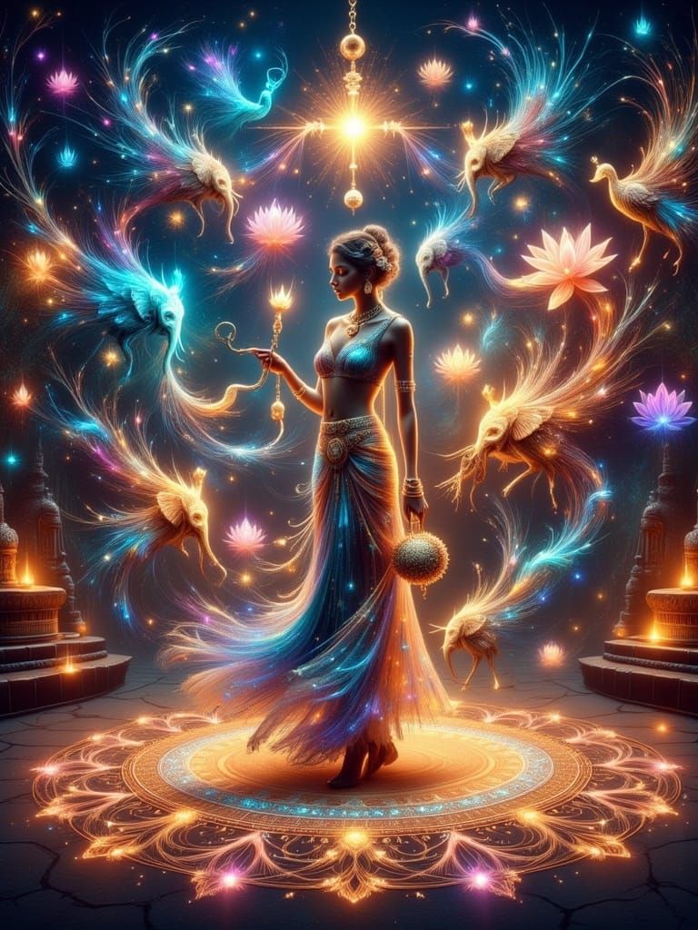 Ethereal Goddess in Temple Courtyard with Vibrant Rangoli