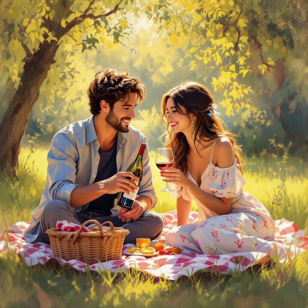 Romantic Picnic in Park with Wine