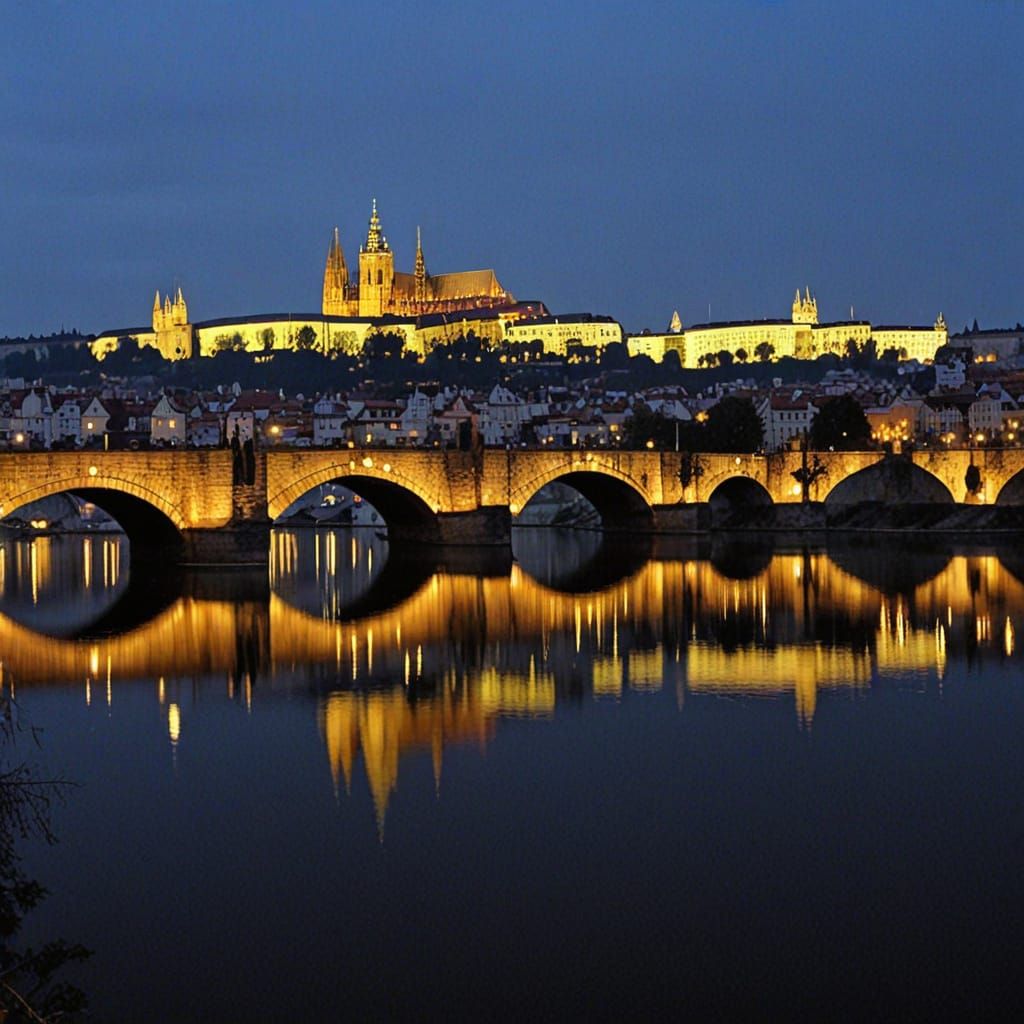 Prague at Night in Romantic Watercolor Style