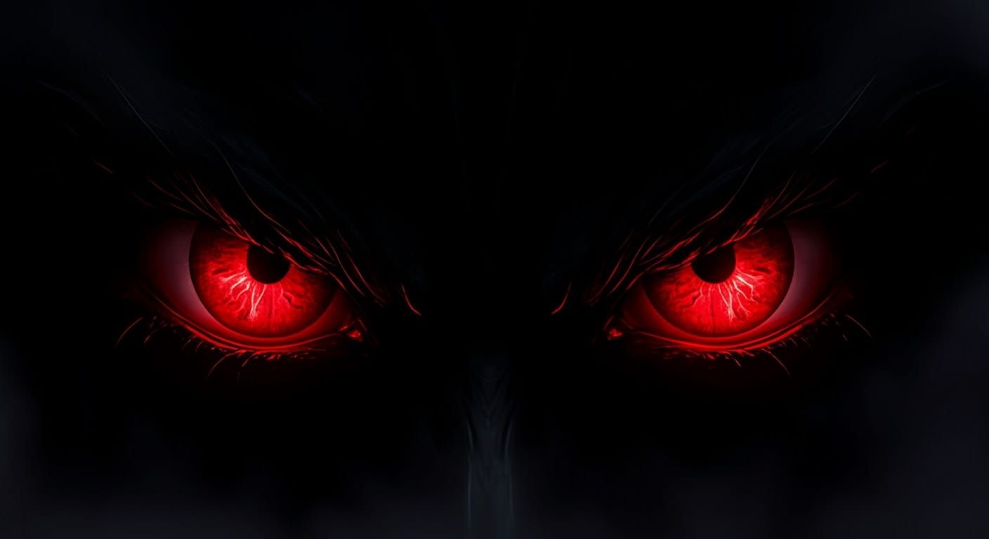 Eerie, Glowing Red Eyes in Dark, Inky Blackness