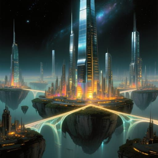 Futuristic City on Floating Islands with Light Bridges