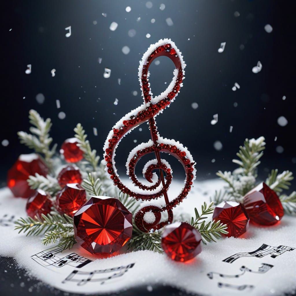 Dark Red Crystal Musical Notes with Snow and Flowers