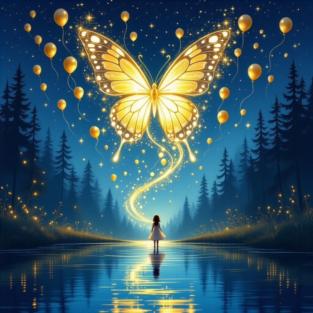 Ethereal Golden Butterfly in Enchanted Forest Night