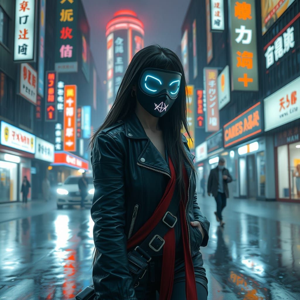 Cyberpunk Woman in Rainy Shanghai Cityscape
