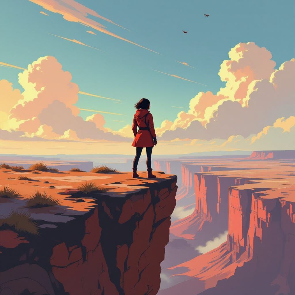 Fearless Woman at Cliff's Edge in Retro-Futuristic Style