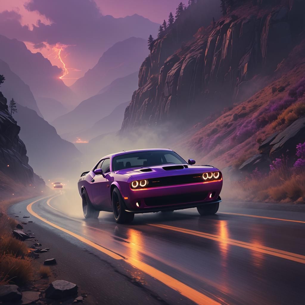 Dodge Challenger Hellcat on Misty Mountain Road