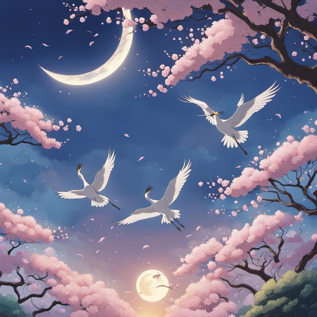 Crane Flight Under Cherry Blossoms: Anime Style