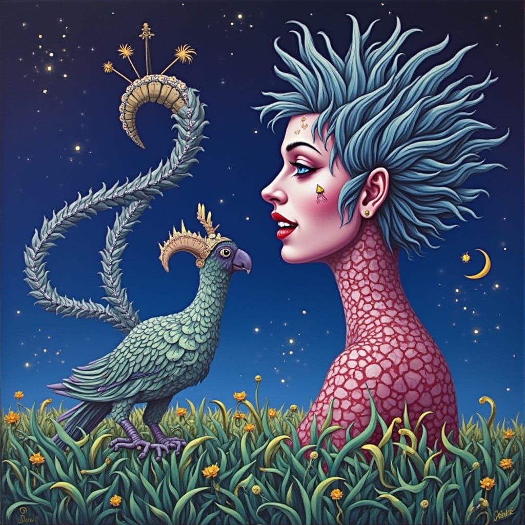 Surreal Chimaera with Teal Hair and Yellow Flower