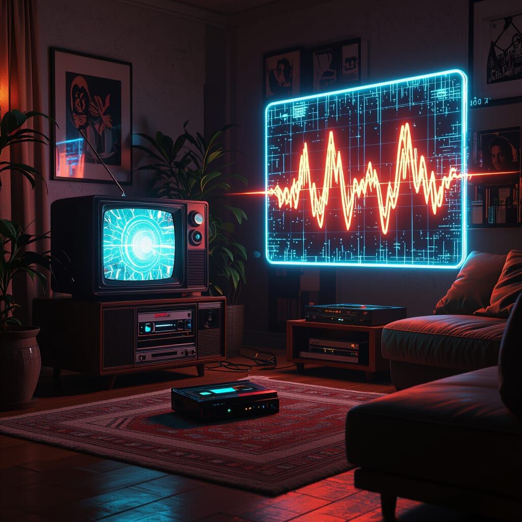 Futuristic Living Room with Old TV and Holograms