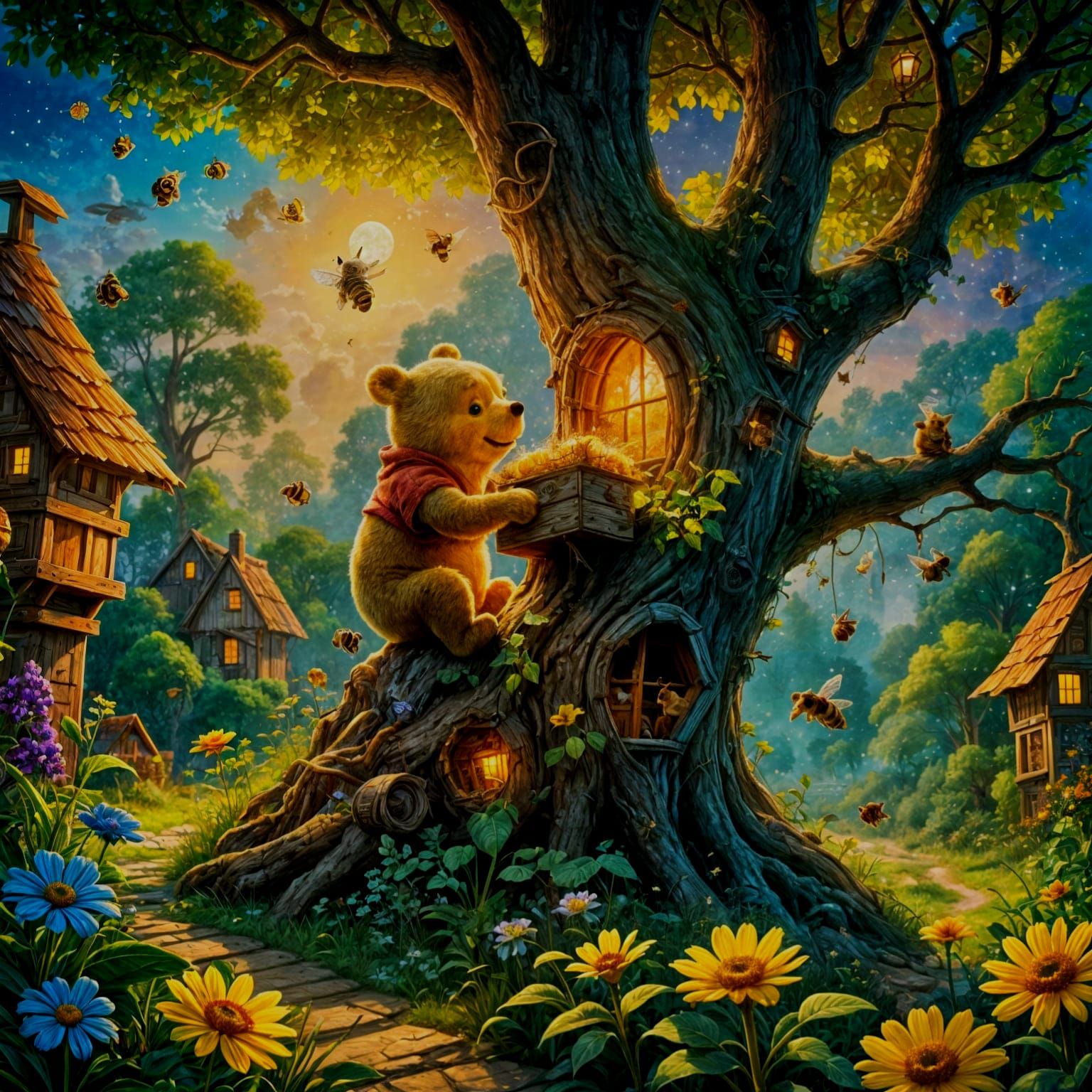 Surreal Storybook Scene of Pooh Raiding a Bee Hive