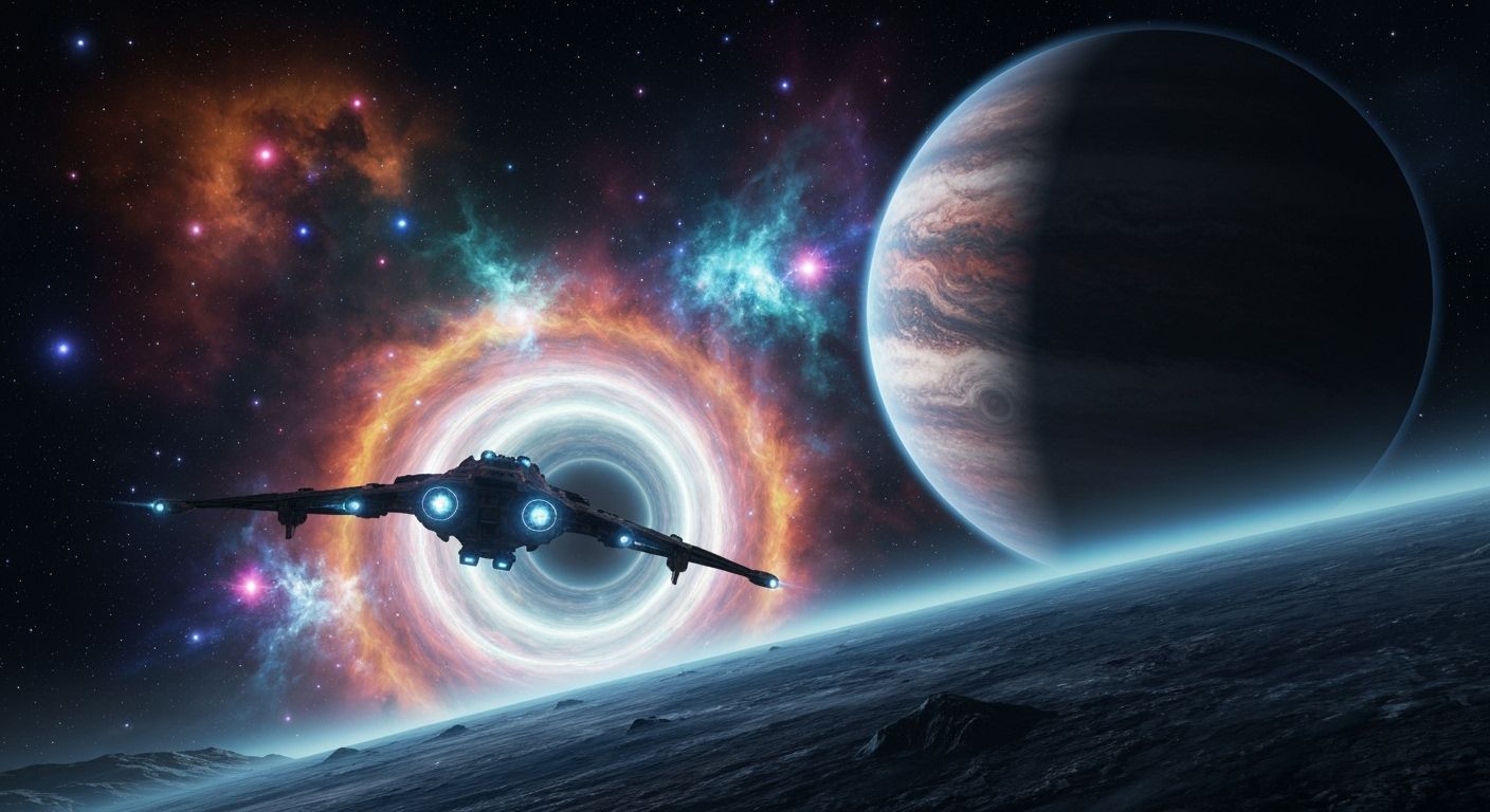 Alien Spaceship Approaches a Colorful Wormhole