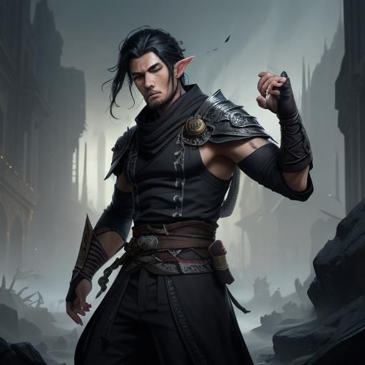 Shadar Kai Elf Kensei Monk in Dark Fantasy Style