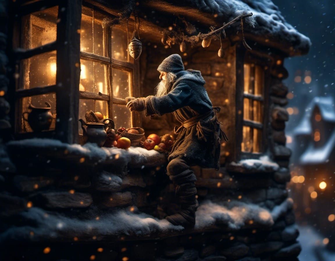 Thief Climbing into Inn Room on Snowy Night