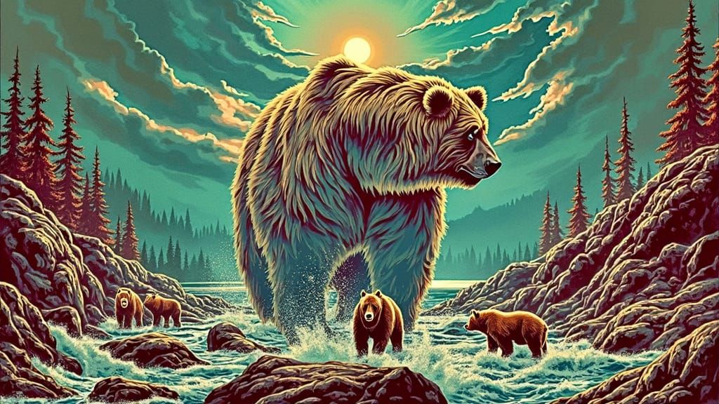 Majestic Grizzly Bear Dominates Turbulent Salmon River Lands...