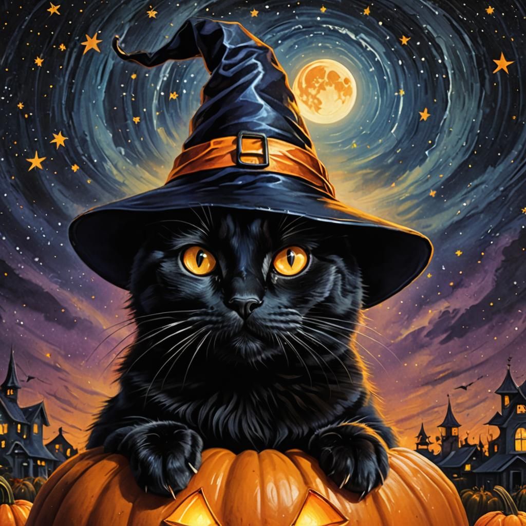Halloween Cat in Witch Hat, Fauvist Airbrush Art