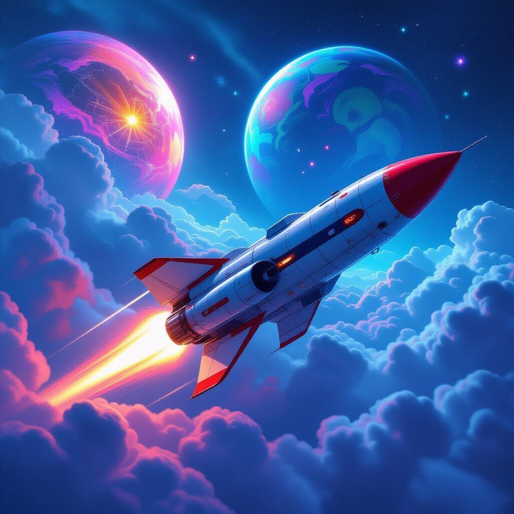 Retro Rocket Soaring Through Cosmic Clouds
