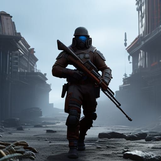 Soldier with Gun in Modern City, Detailed Art