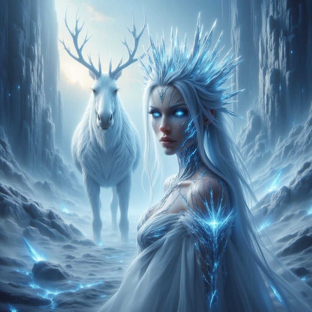 Ethereal Ice Queen Leads White Moose to Thawing Spring