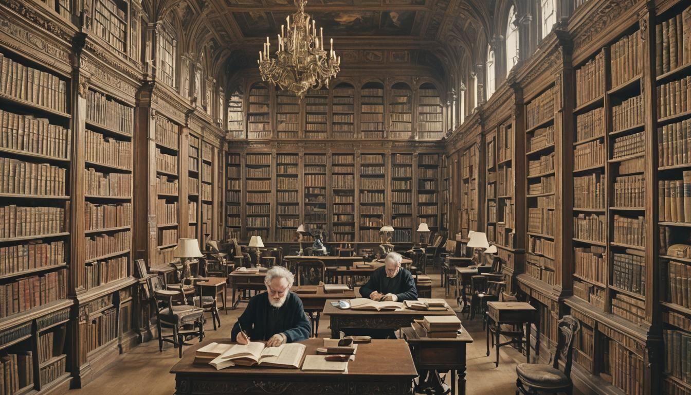 Ornate Library Scene with Person Researching