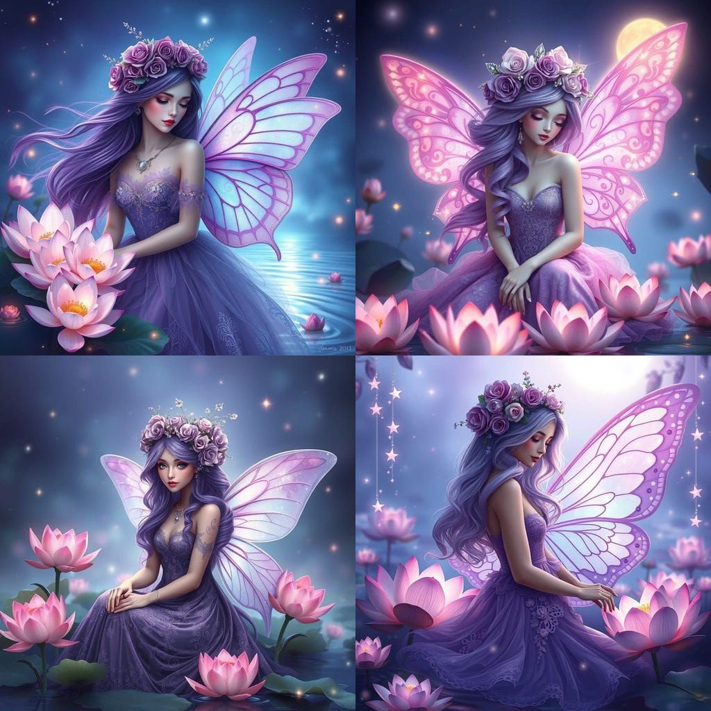 Ethereal Fairy in Purple Hues, Enchanted Pond Scene