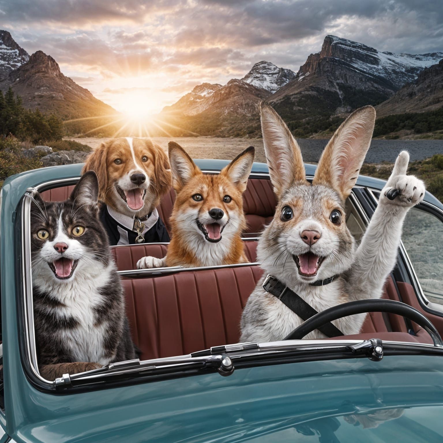 Animal Friends on a Road Trip at Sunset