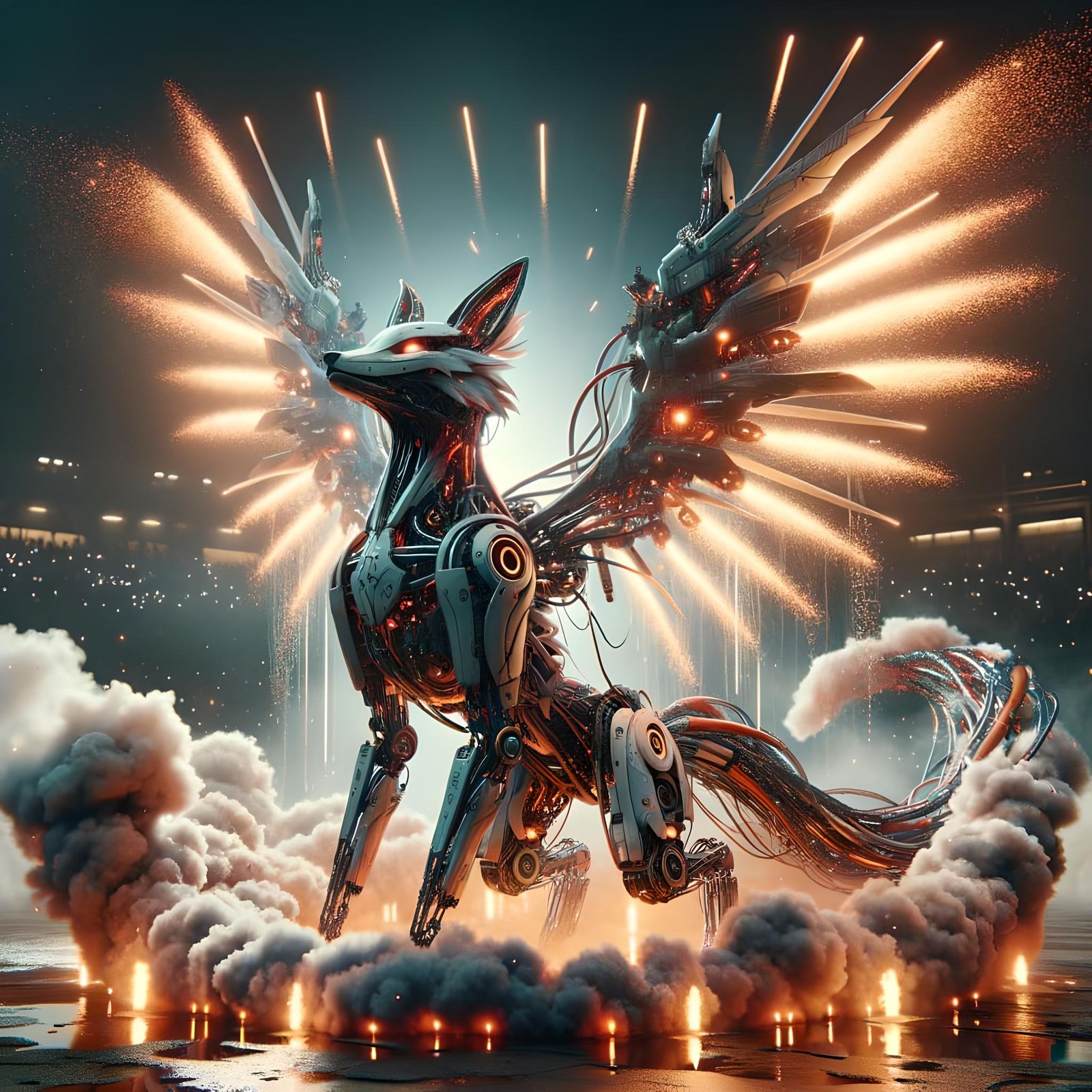 Cyberpunk Fox Ascending from Fireworks Display