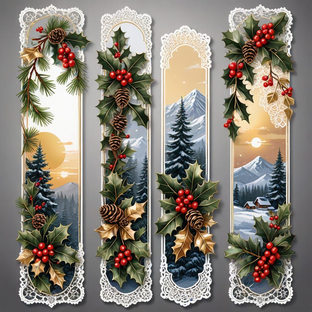 Vintage Christmas Bookmarks in Winter Landscape