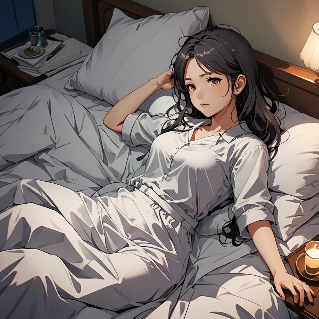 Anime Girl in Bed, Cel-Shaded Style