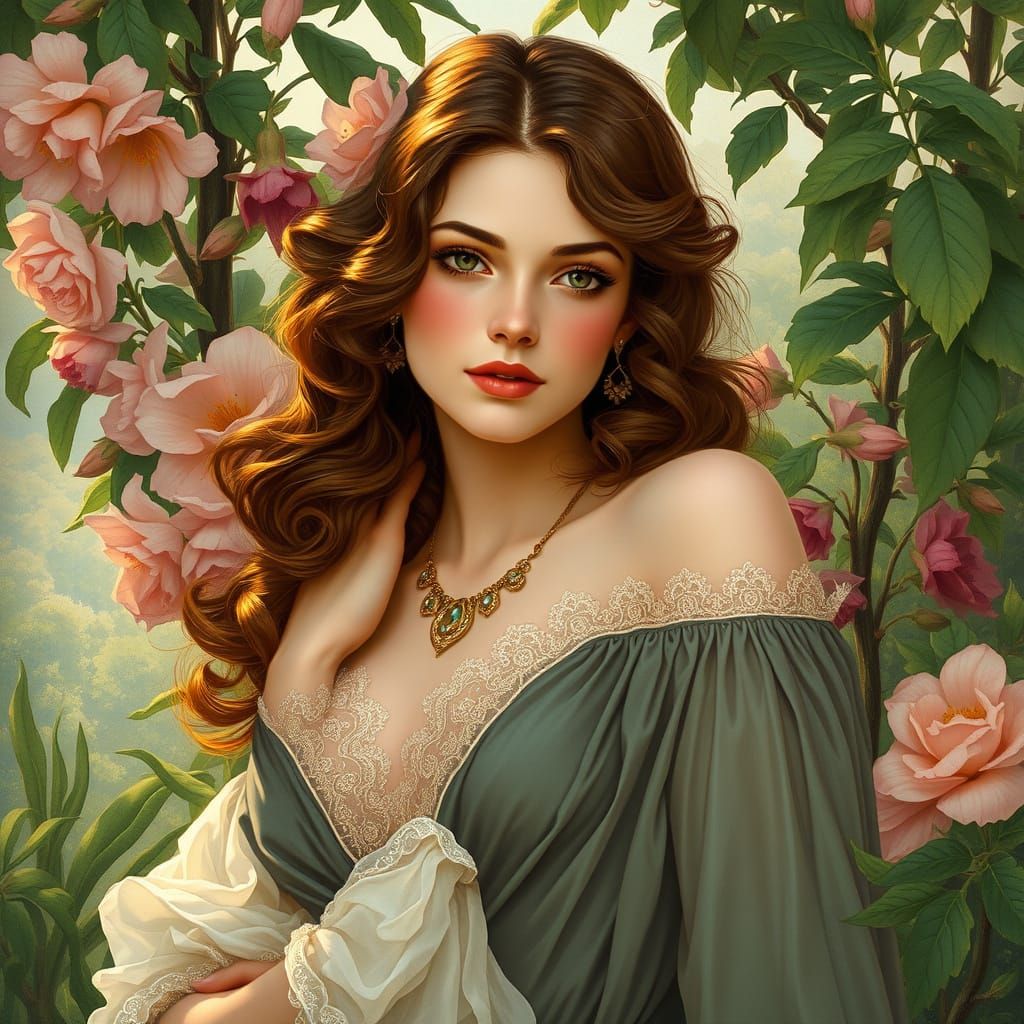 Elegant Woman in Floral Landscape, Art Nouveau Style