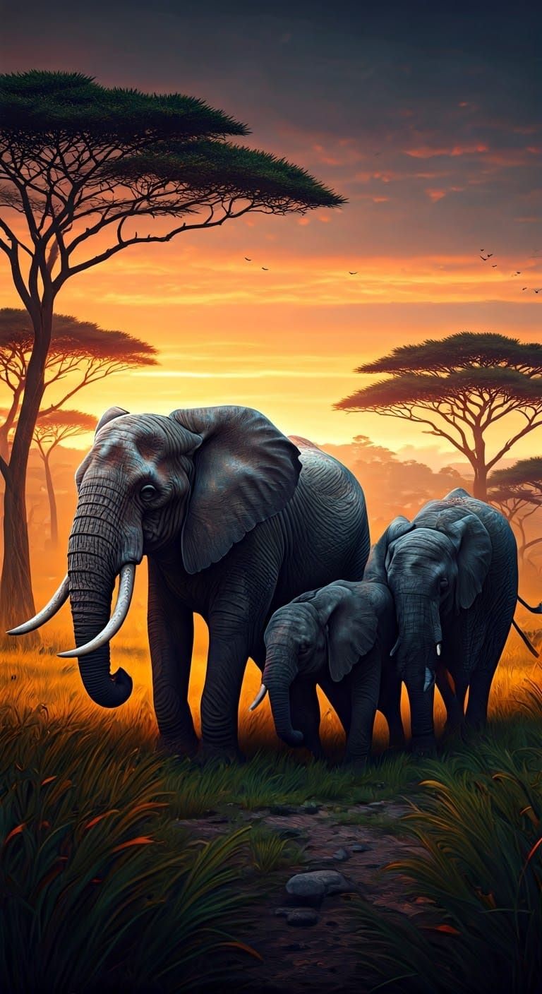 African Elephants Roaming Savanna at Dusk