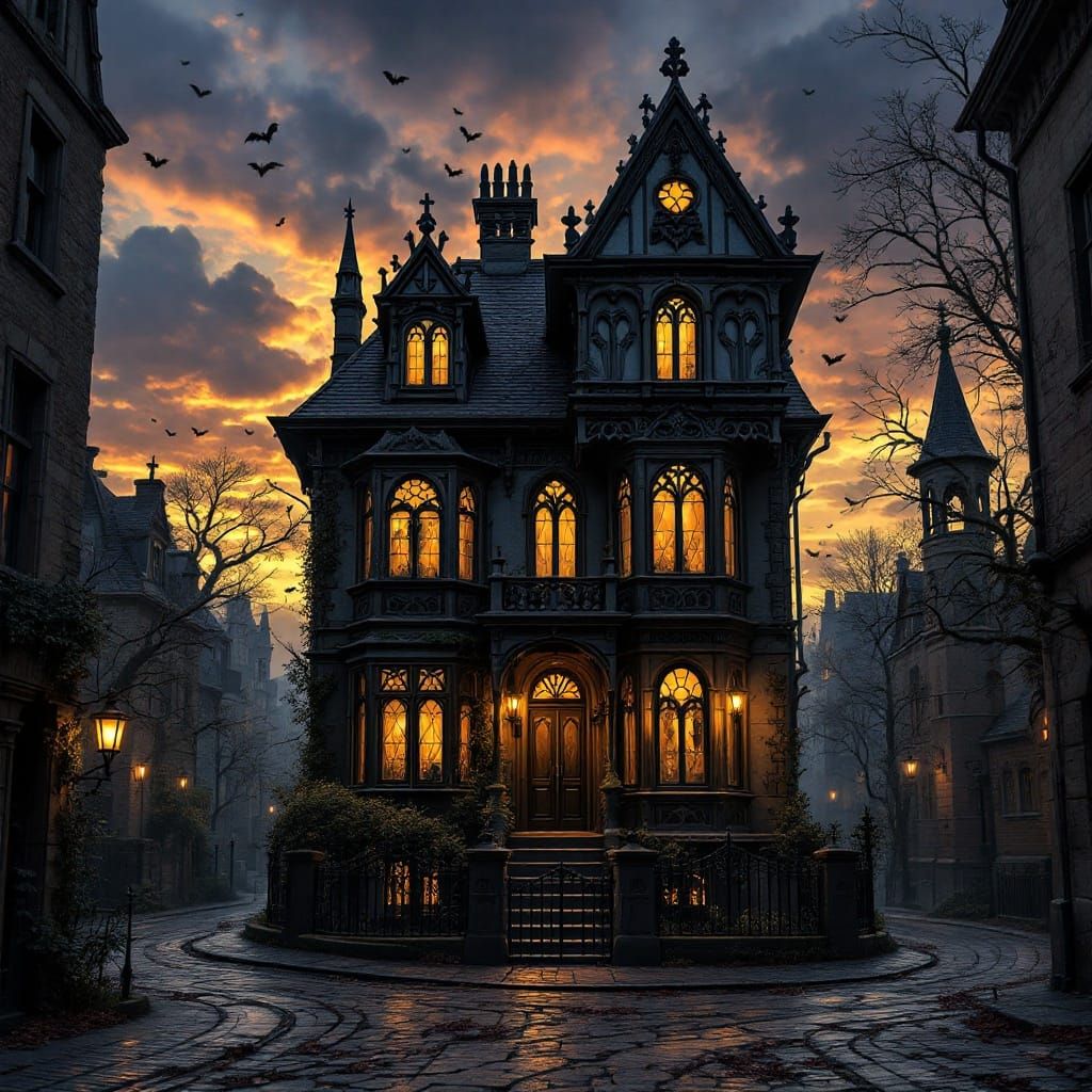 Gothic Townhouse Amidst Shadows and Fading Light