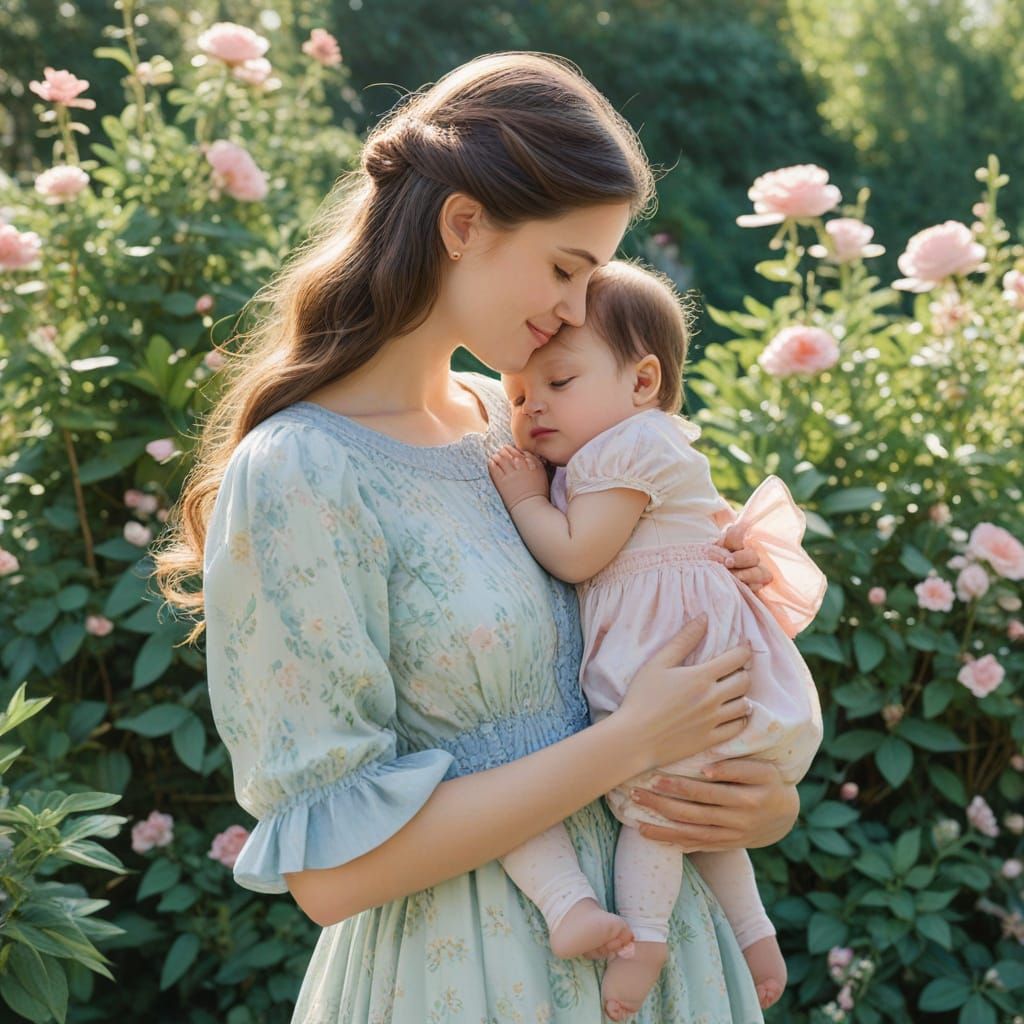 Watercolor Whimsy: Mother and Child in a Lush Garden