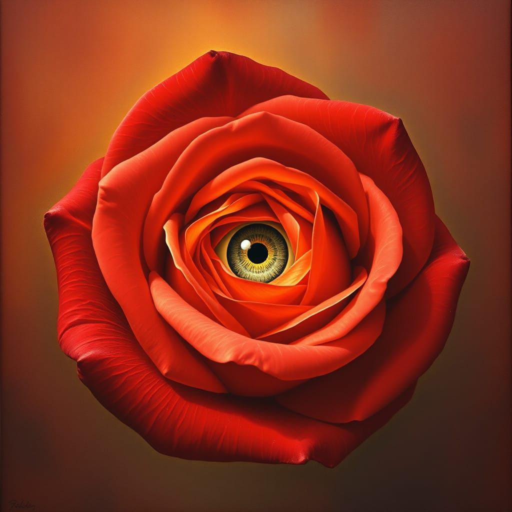 Surreal Rose with Shimmering Eye in Soft Golden Light
