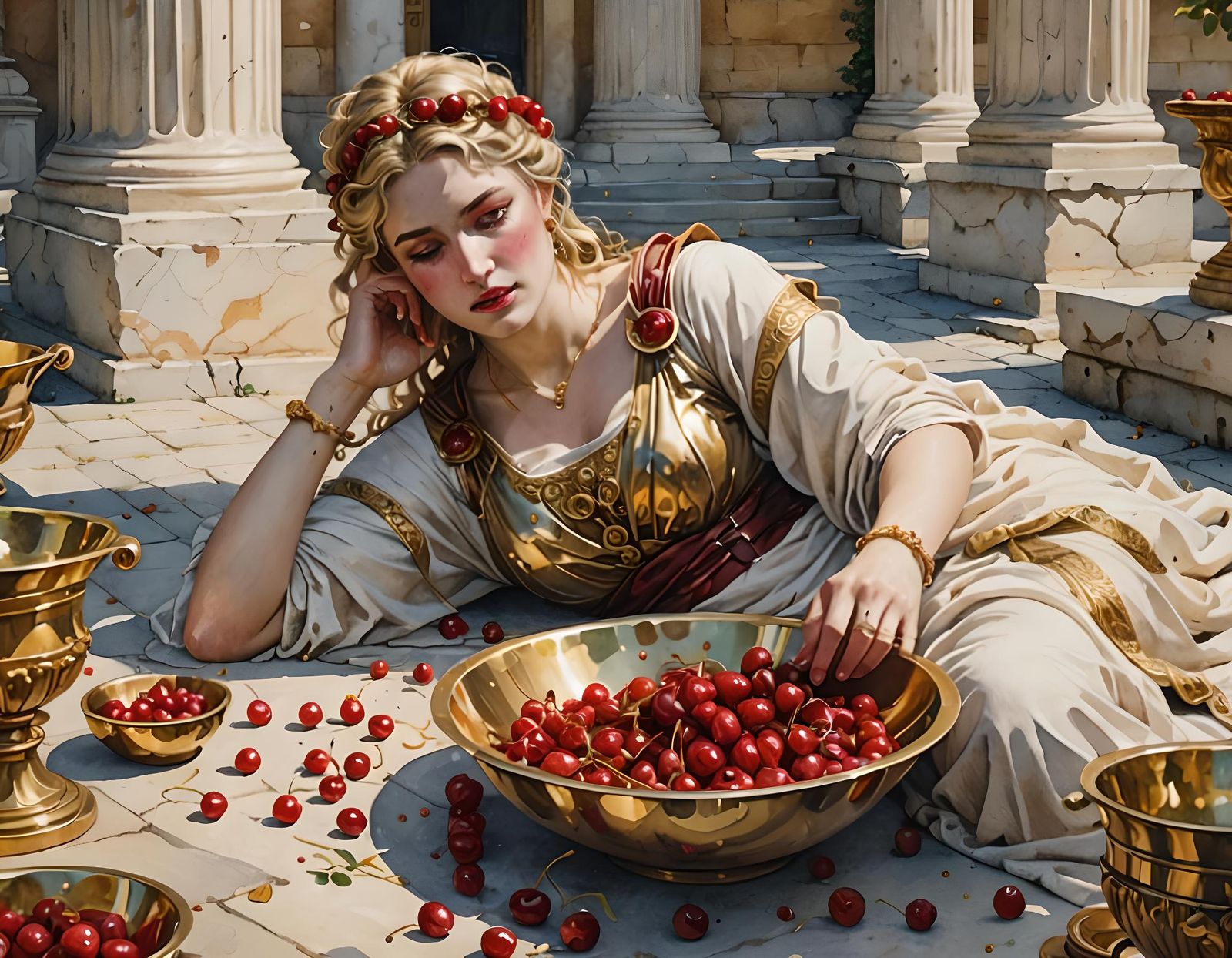 Roman Goddess with Cherries: Detailed Digital Art