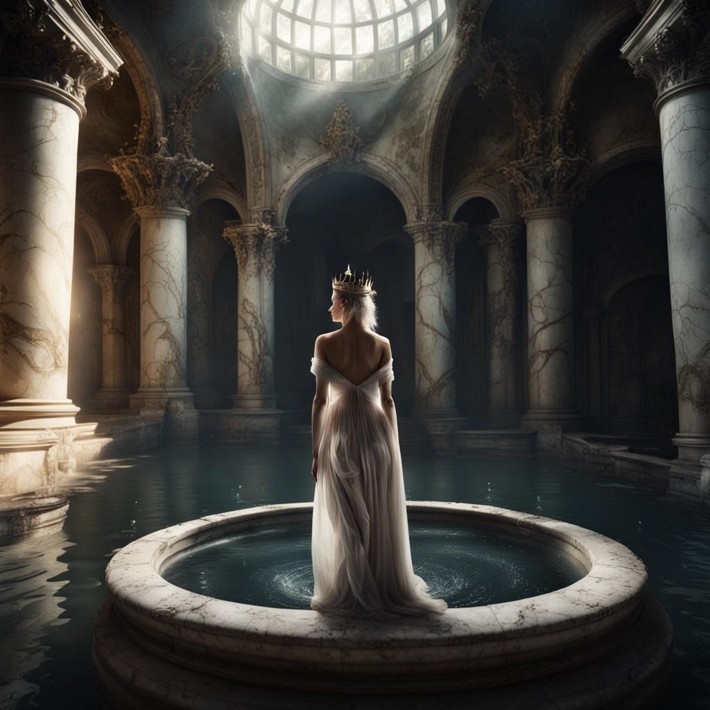 Sad Queen Fountain in Abandoned Castle