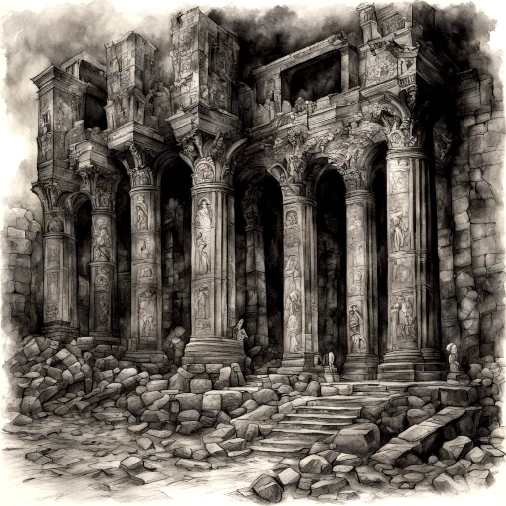 Lost City of Atlantis Ruins in Charcoal Drawing