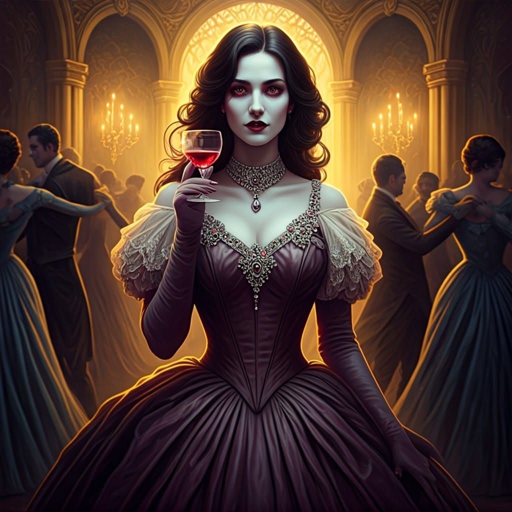 Ethereal Vampiress in Opulent Victorian Ballroom