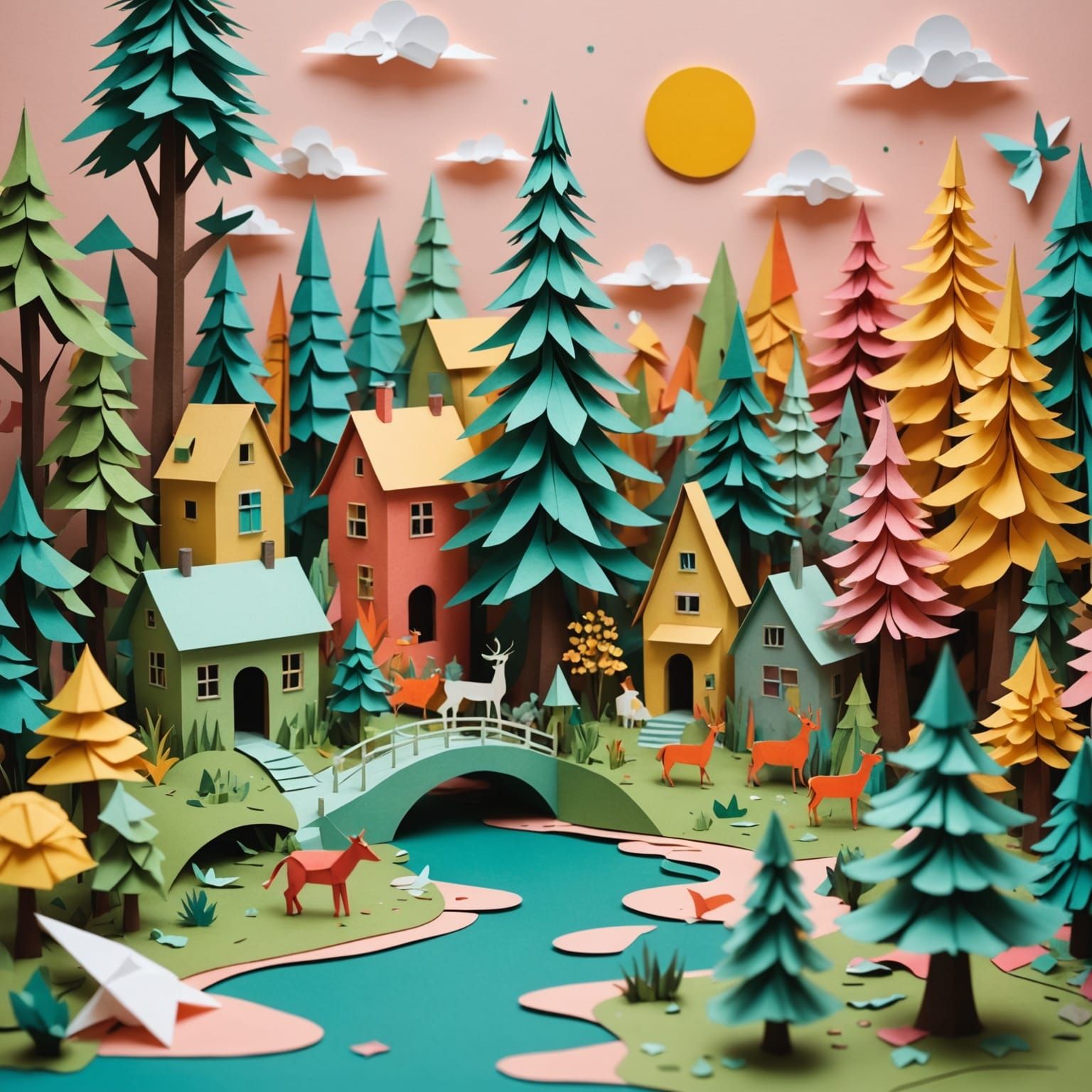 Whimsical Paper Art Studio with Colorful Sculptures