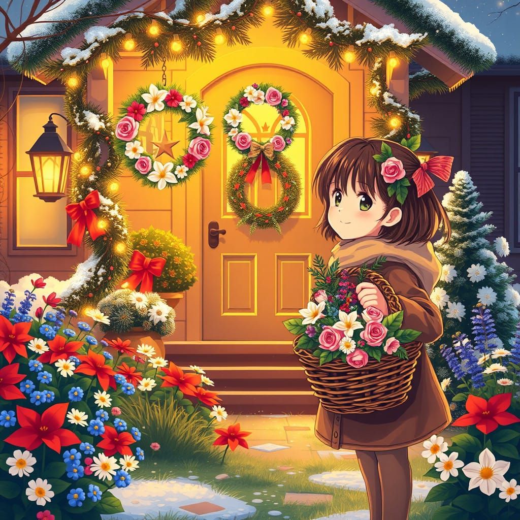 Whimsical Winter Wonderland Scene in Vibrant Manga Style