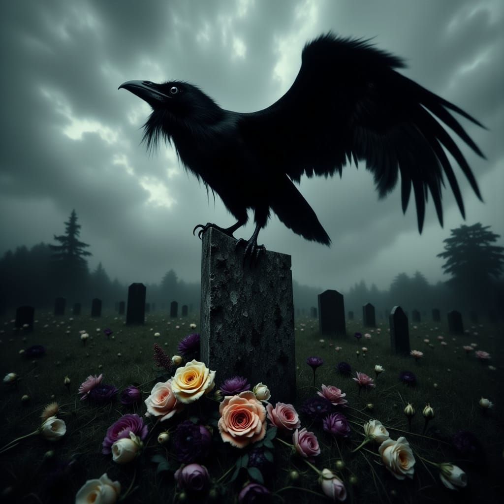 Darkly Magical Raven Perched on Weathered Tombstone