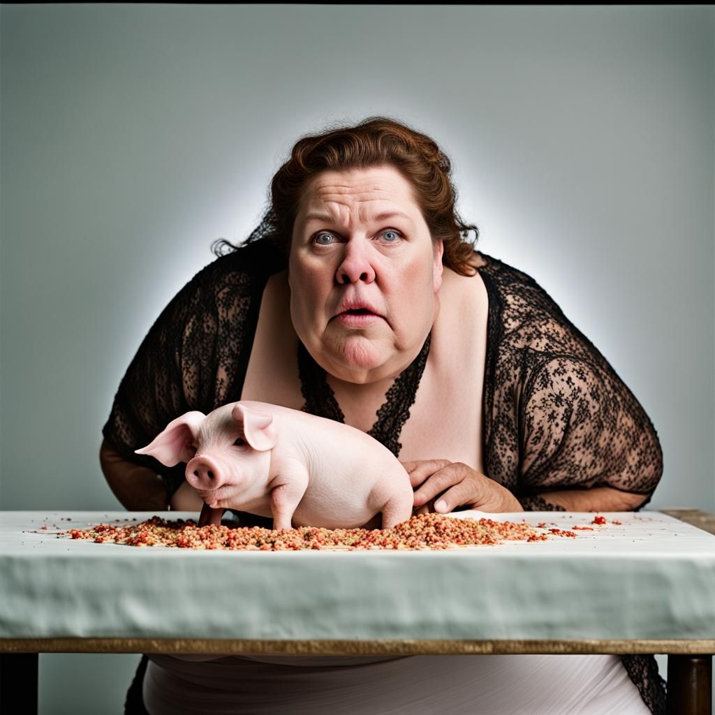 Pig-Faced Woman Devouring Cake: Professional Color Portrait