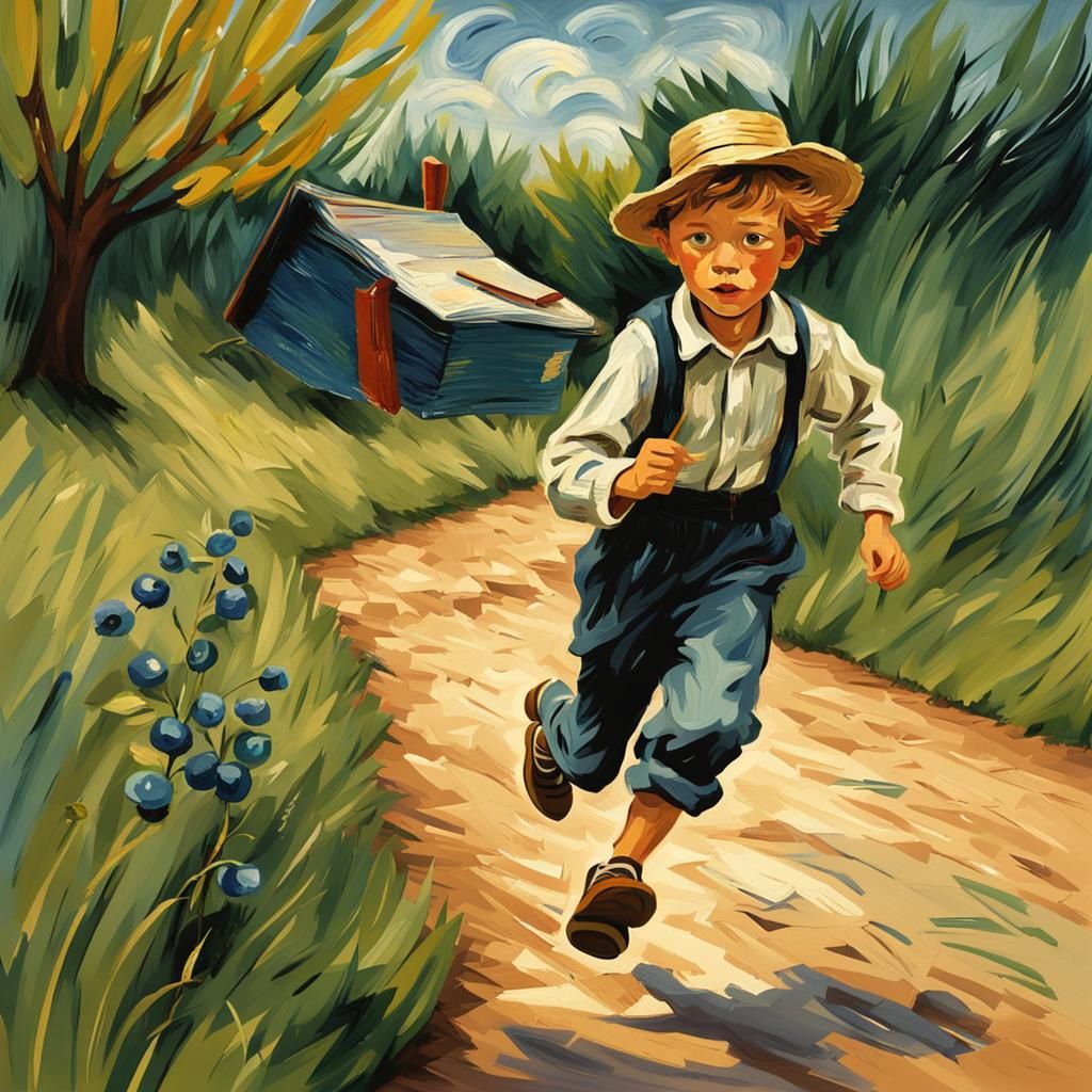 Boy Chasing Notebook in Van Gogh Style Painting