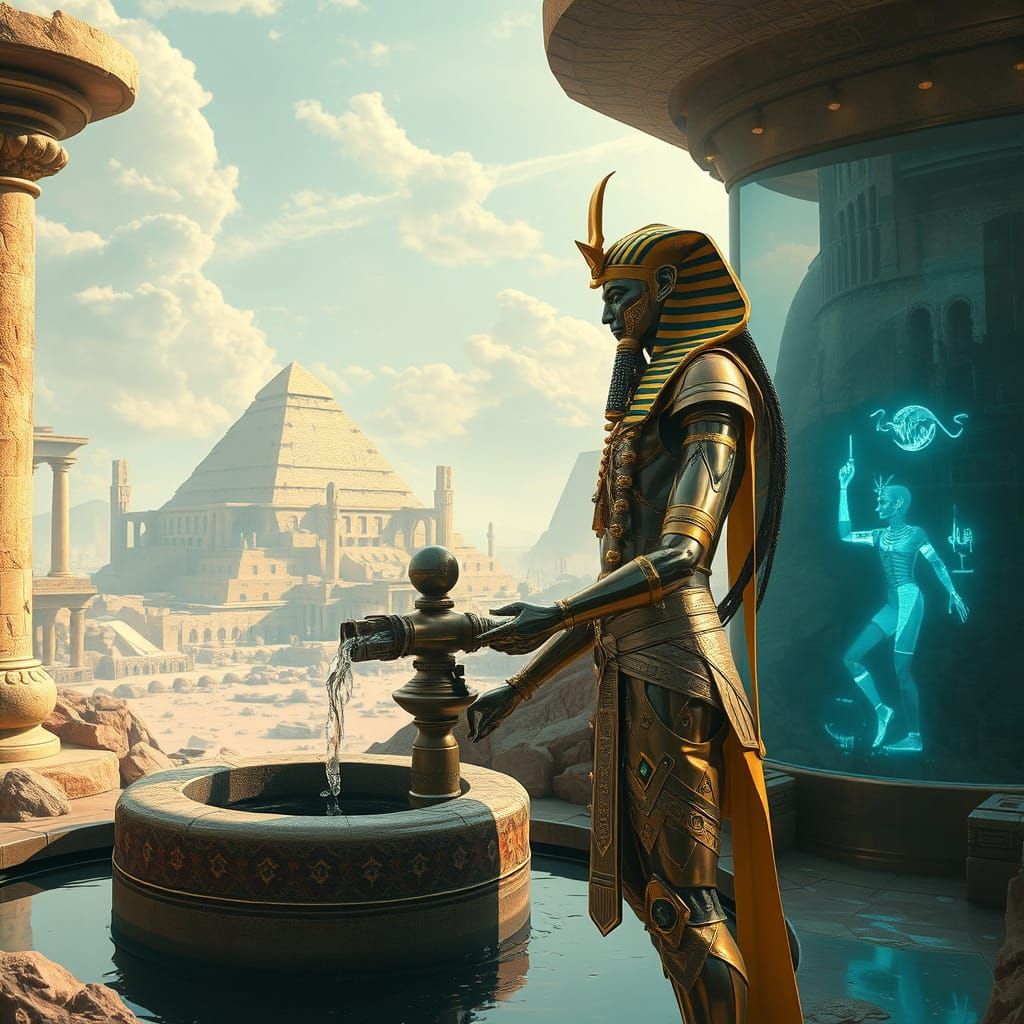 Ancient Egyptian Cyborg in Futuristic Oasis