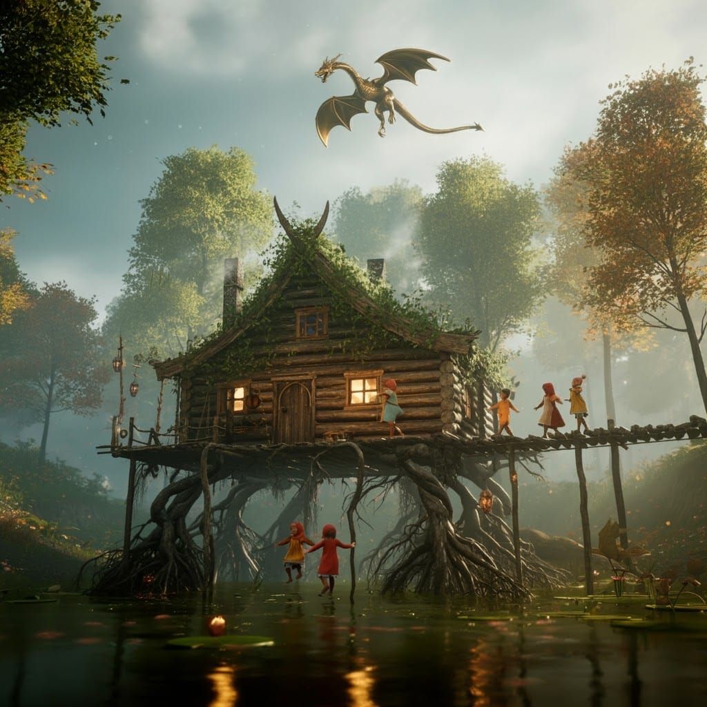 Baba Yaga's Hut with Dancing Children and Dragon