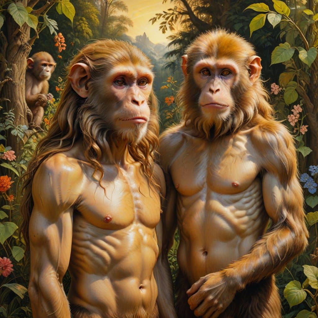 Adam and Eve as Monkeys in Renaissance Style