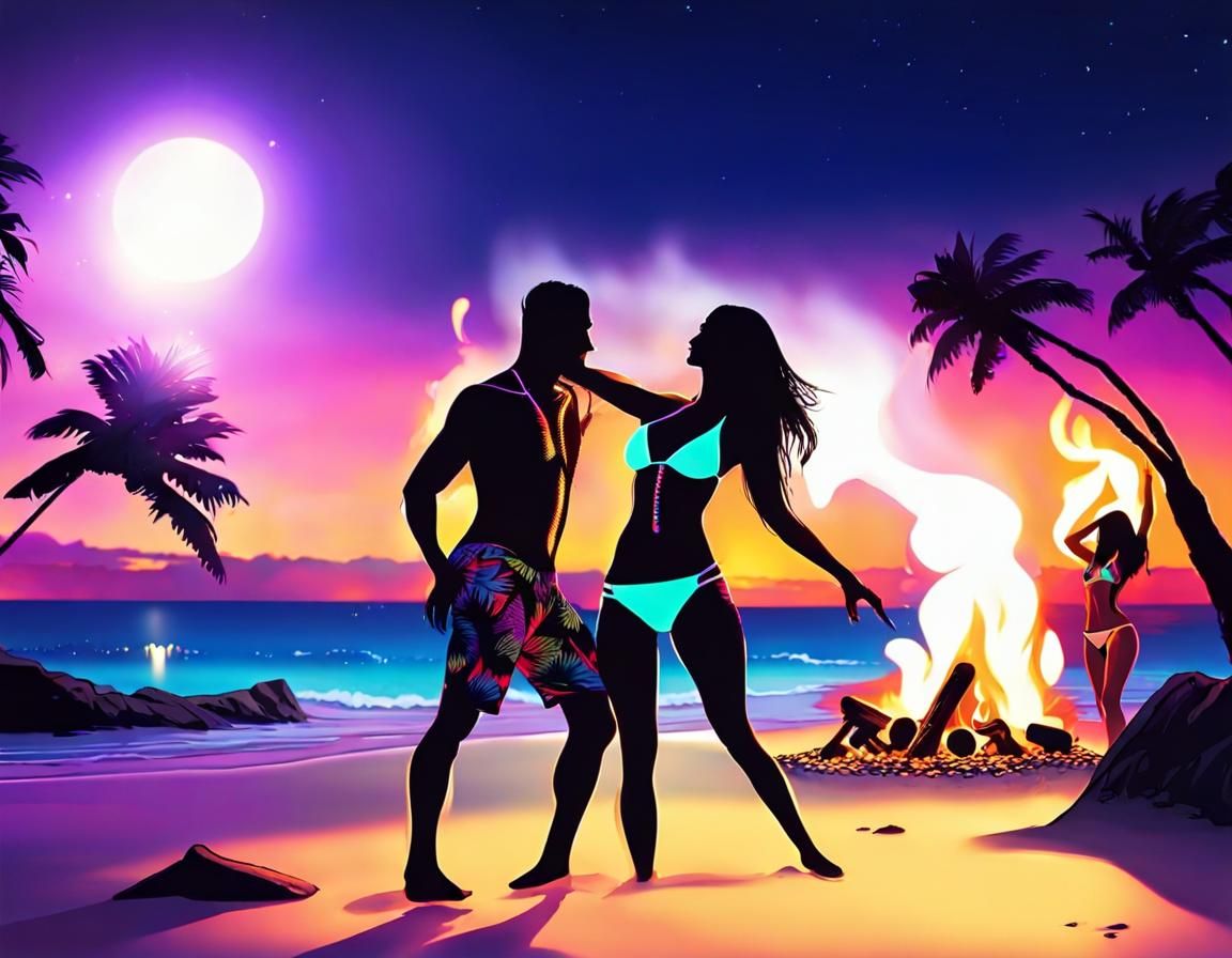 Beach Party at Night with UV-Lit Dancers