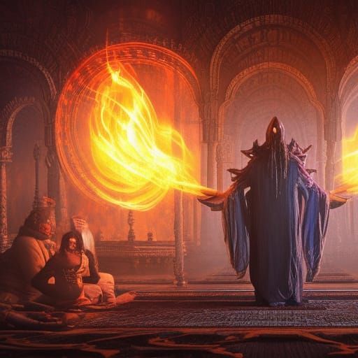 Lovecraftian Warlock Casts Spell in Fiery Temple